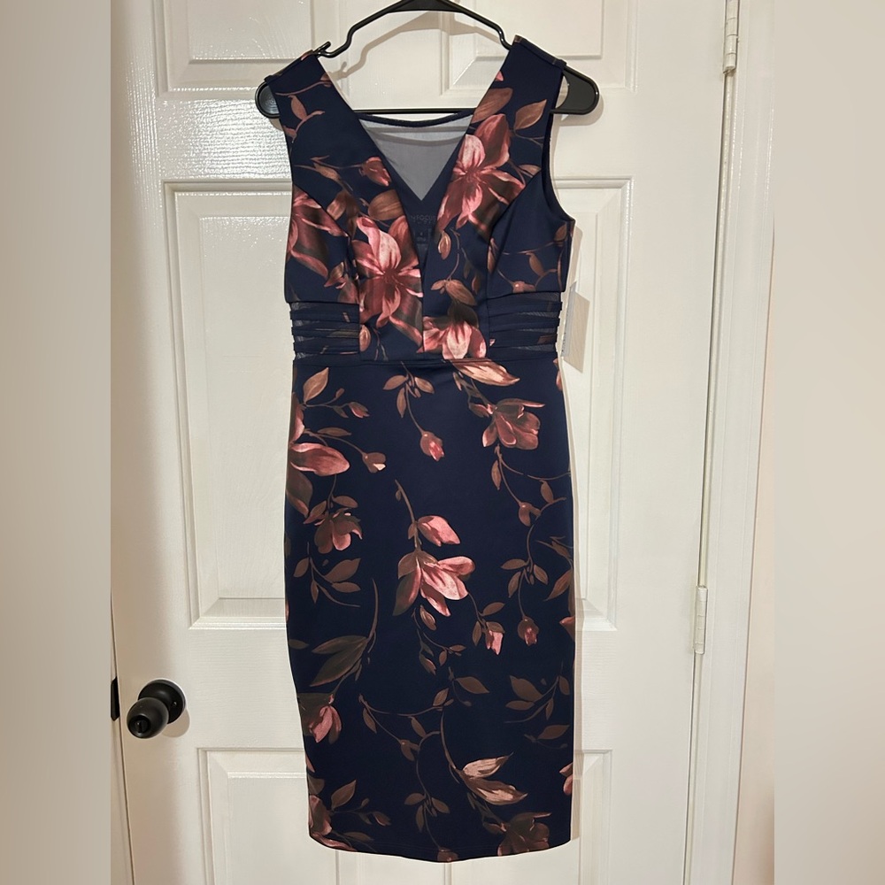 New Enfocus Studio Navy and Pink Floral Midi Dress